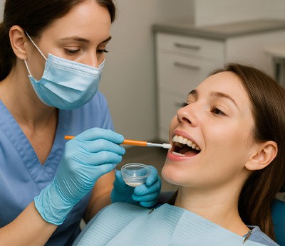 Dentist applying fluoride to woman’s teeth