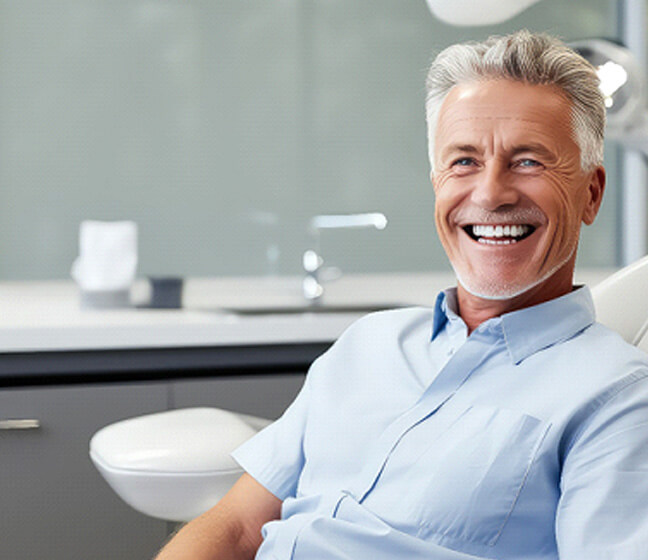 man sitting in the dentist chair and smiling