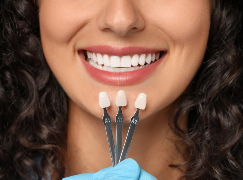 Woman holding up veneers